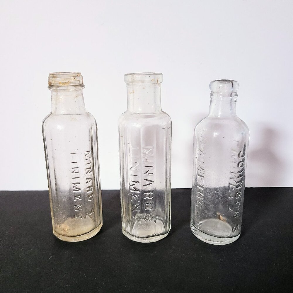 Three Antique Glass Liniment Bottles, Minard's Liniment and Johnsons American